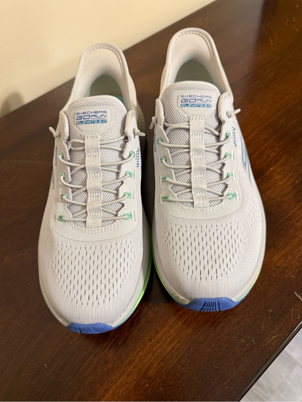 Skechers GO RUN Elevate 2.0 Men’s Light Gray Shoes with Blue and Green Accents